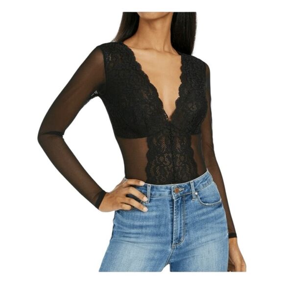 INC International Concepts Long-Sleeve Lace Mesh Bodysuit Deep Black M - Picture 2 of 9